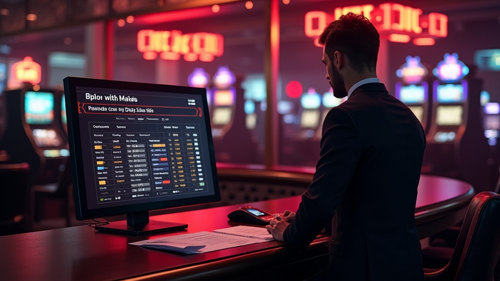 Spieler prüft Auszahlungsdaten an einem beleuchteten Casino-Terminal