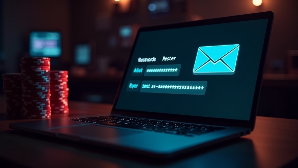 Passwort-Reset am Laptop mit E-Mail-Hinweis in Casino-Atmosphäre