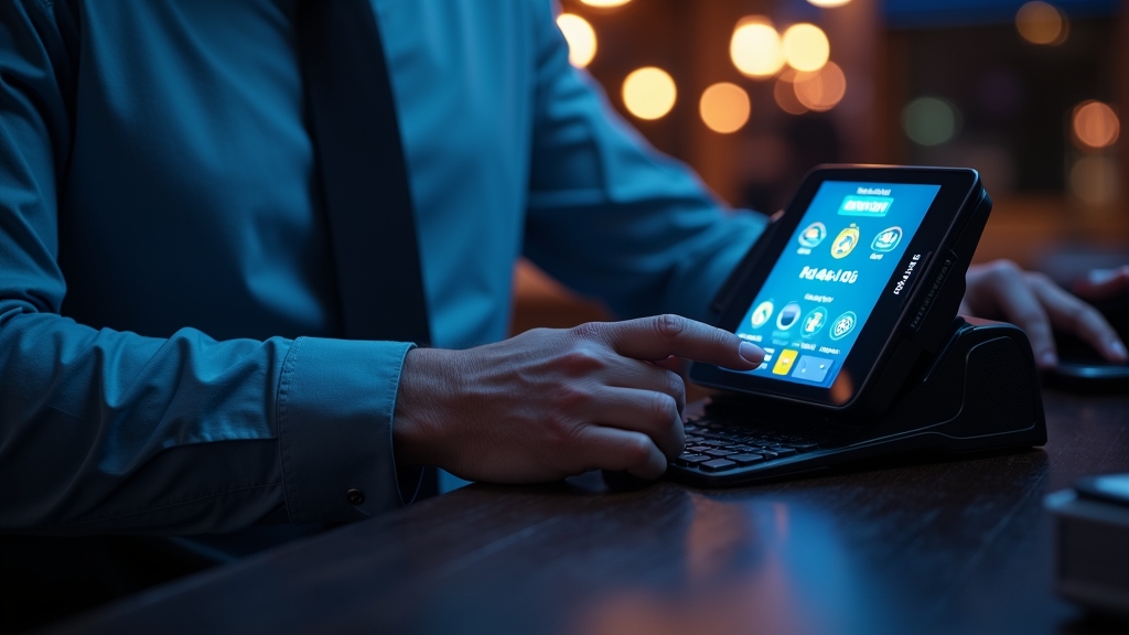 Kasino-Cashier mit Karten- und E-Wallet-Symbolen im dunklen Licht