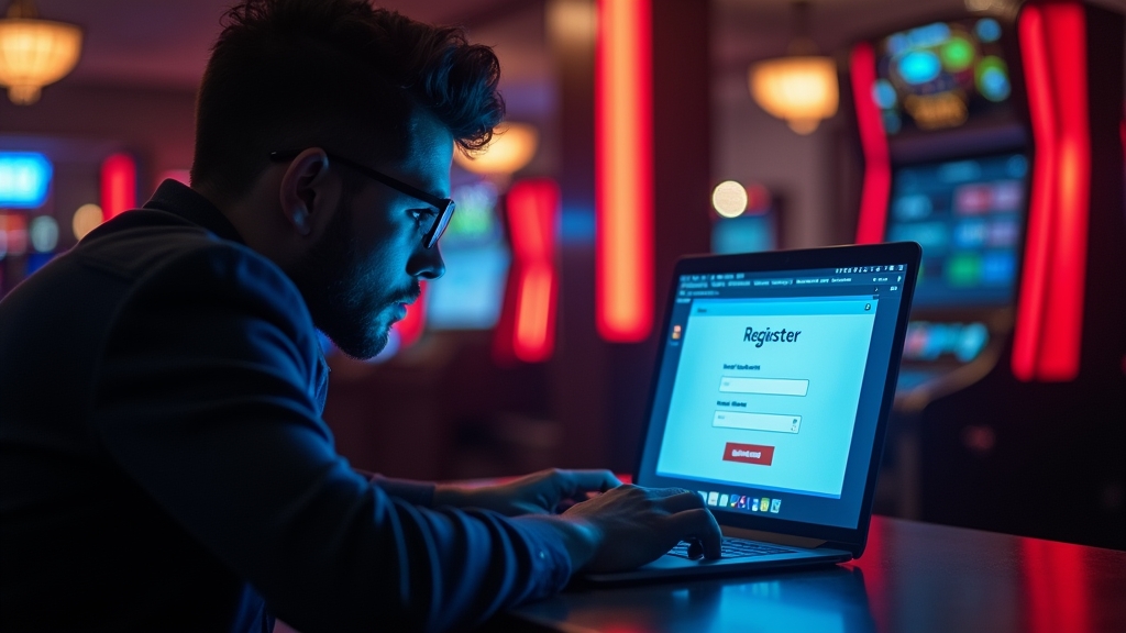 Nutzer füllt im Casino-Stil ein Registrierungsformular am Laptop aus