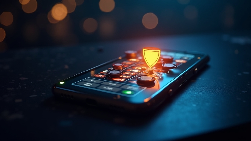 Smartphone zeigt sicheren App-Download in einer dunklen Casino-Atmosphäre