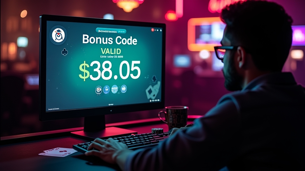 Casino-Monitor mit prüfbarem Bonus-Code-Angebot und Datumsanzeige