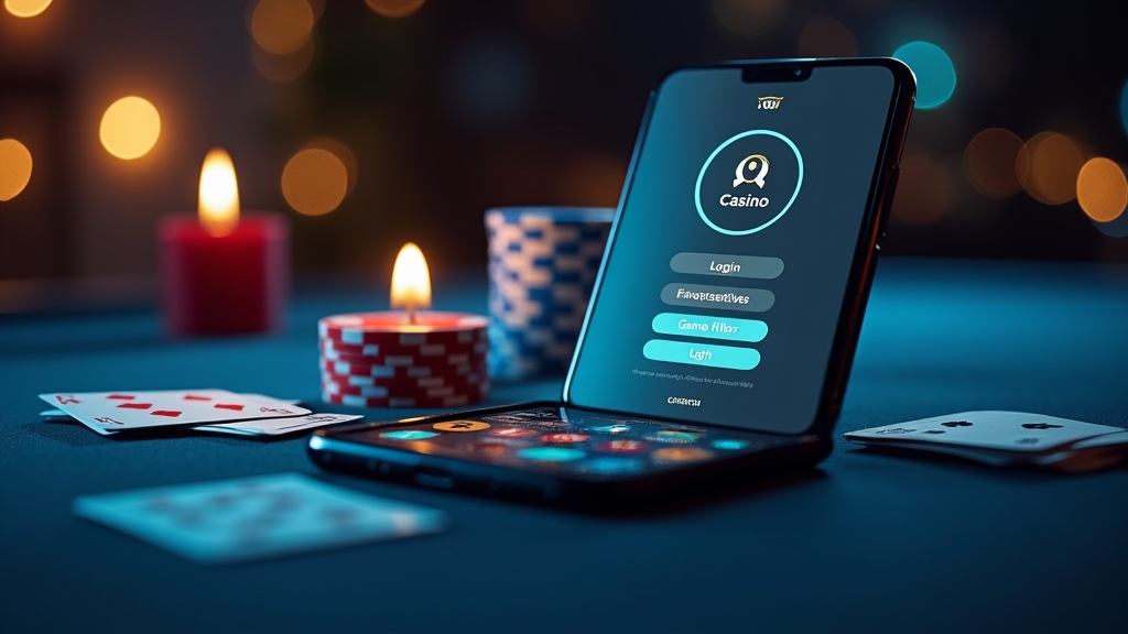 Smartphone mit mobilen Casino-Funktionen wie Login, Favoriten und Spielsuche