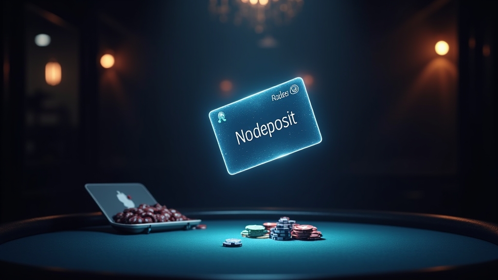 Dunkle Casino-Szene mit No-Deposit-Bonuskarte über einem Spieltisch