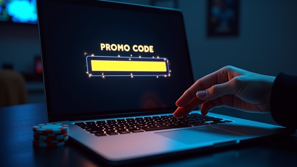 Dunkle Casino-Szene mit Eingabefeld für einen Promo-Code auf einem Laptop